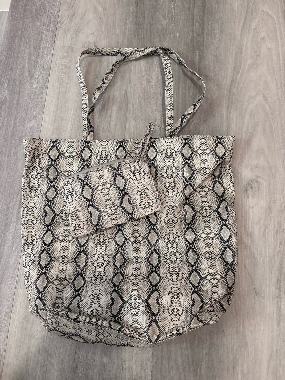 Snake Print Tote Bag with Matching Pouch - Beige/Black